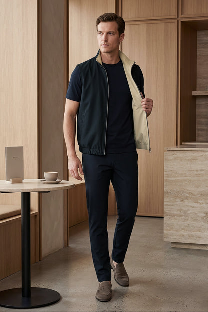 Men's 3-Piece Casual Set with Reversible Vest - Dark Navy