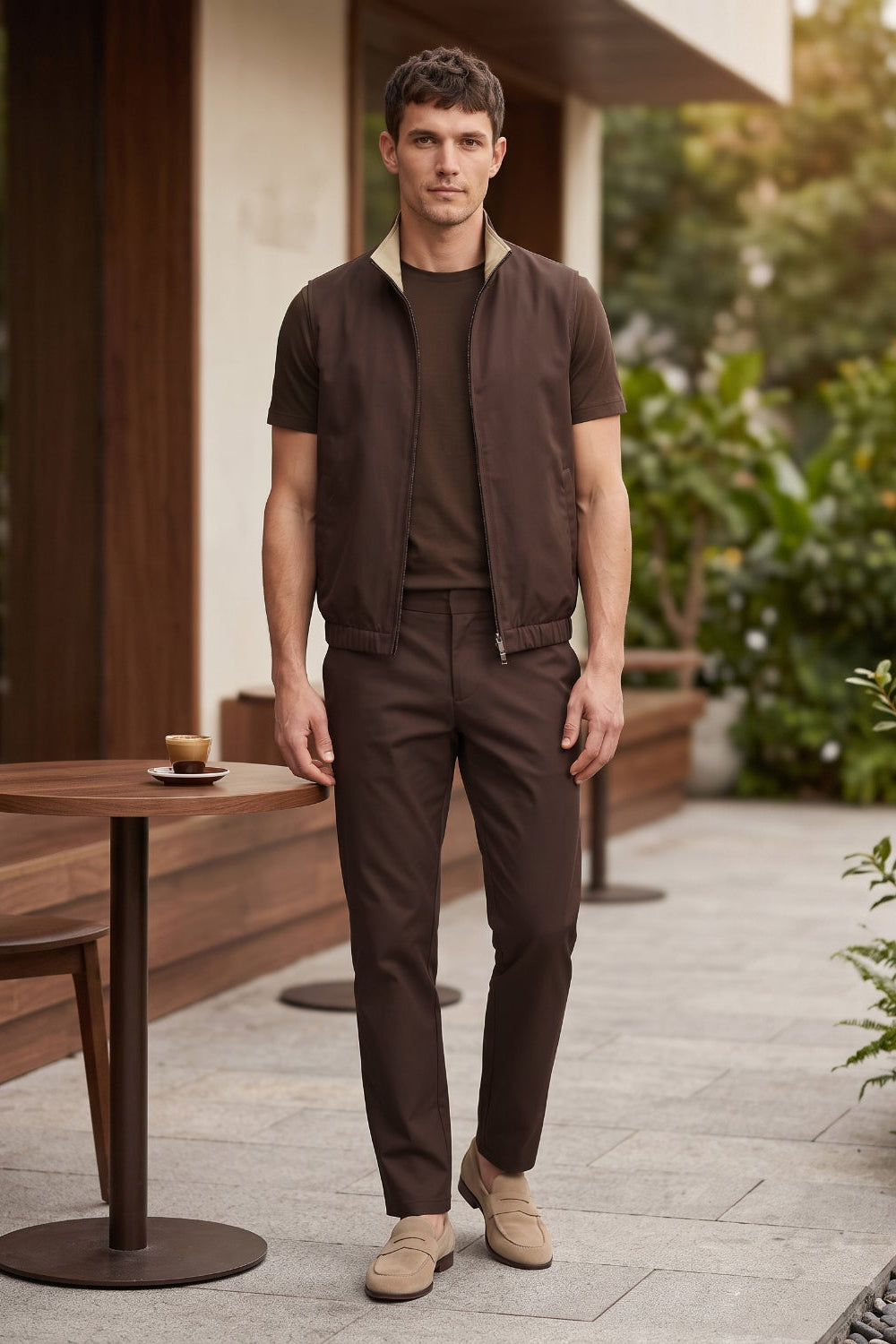 Men's 3-Piece Casual Set with Reversible Vest - Brown