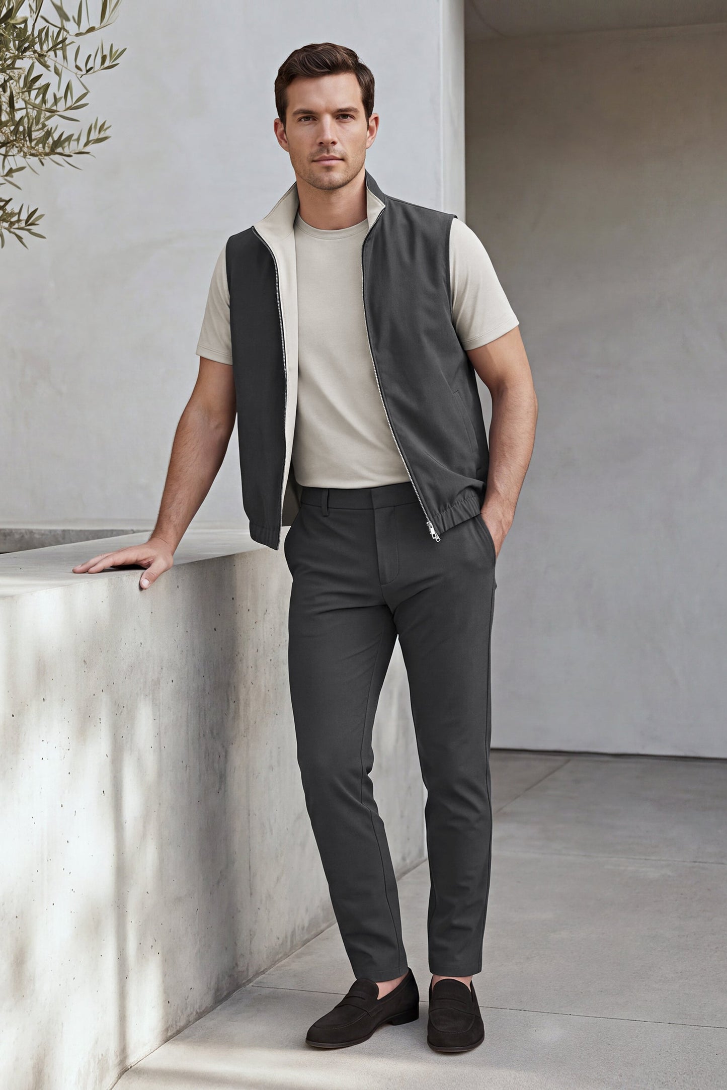 Men's 3-Piece Casual Set with Reversible Vest - Grey