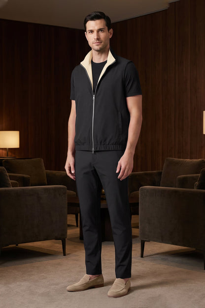 Men's 3-Piece Casual Set with Reversible Vest - Black