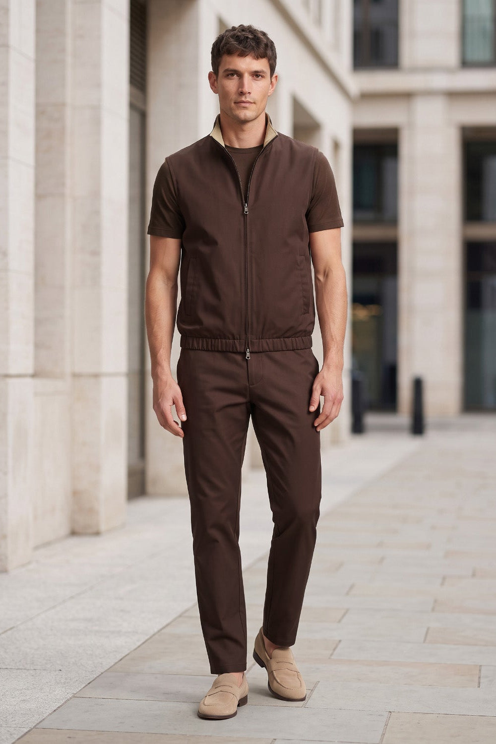Men's 3-Piece Casual Set with Reversible Vest - Brown