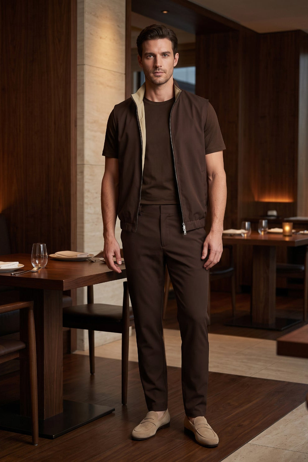 Men's 3-Piece Casual Set with Reversible Vest - Brown