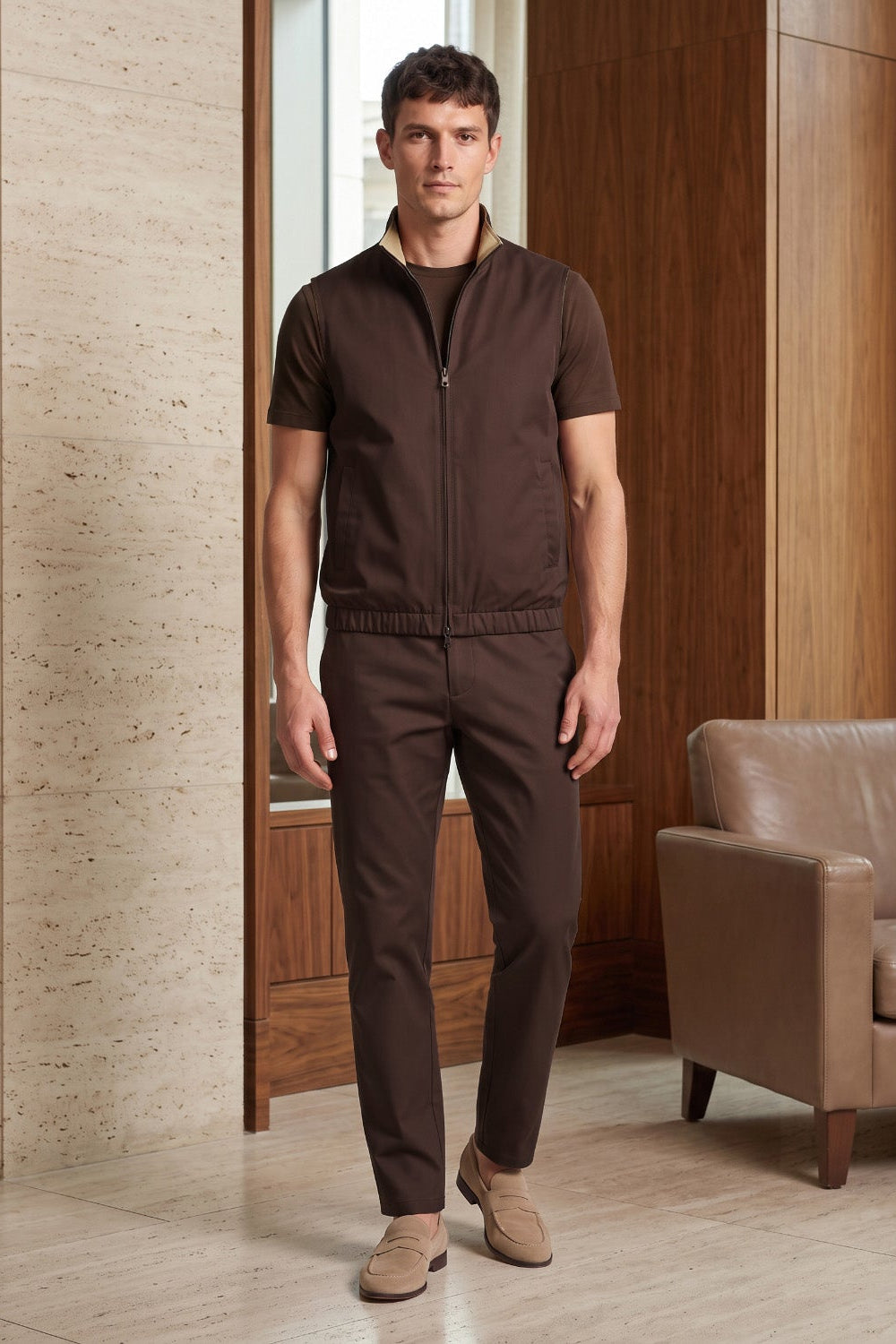 Men's 3-Piece Casual Set with Reversible Vest - Brown