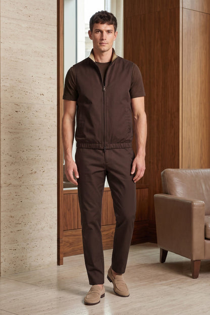 Men's 3-Piece Casual Set with Reversible Vest - Brown
