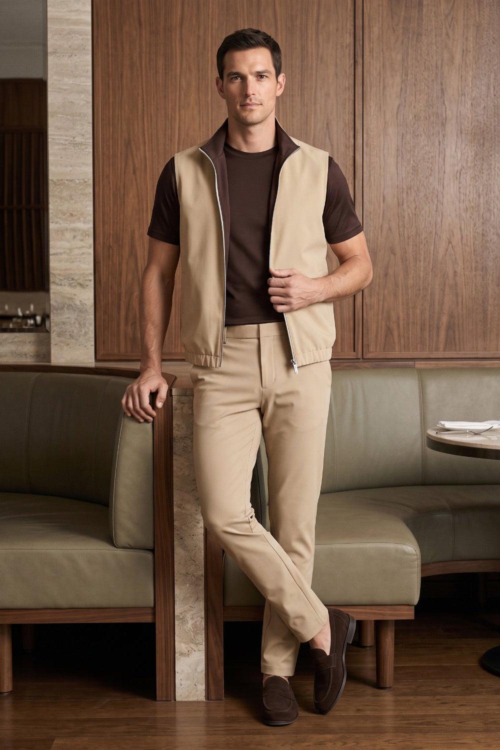 Men's 3-Piece Casual Set with Reversible Vest - Brown
