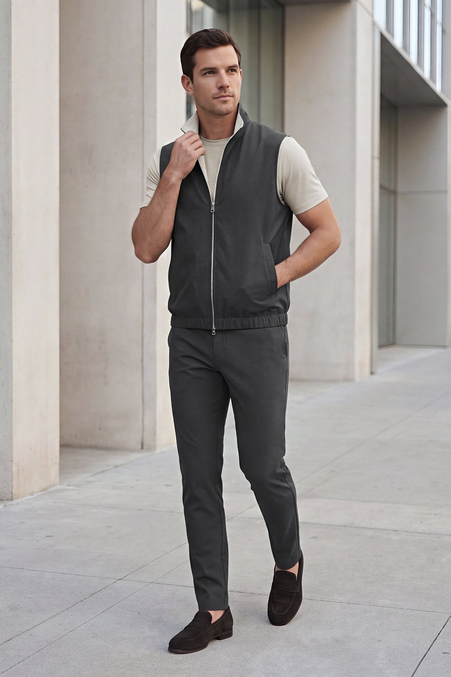 Men's 3-Piece Casual Set with Reversible Vest - Grey