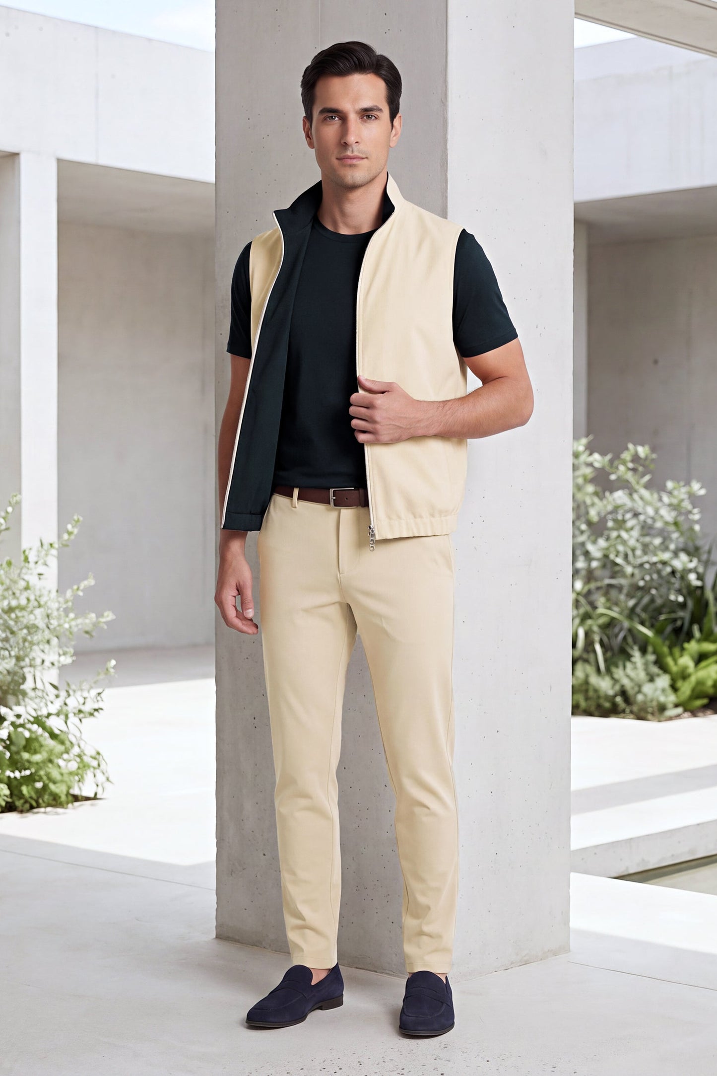 Men's 3-Piece Casual Set with Reversible Vest - Dark Navy
