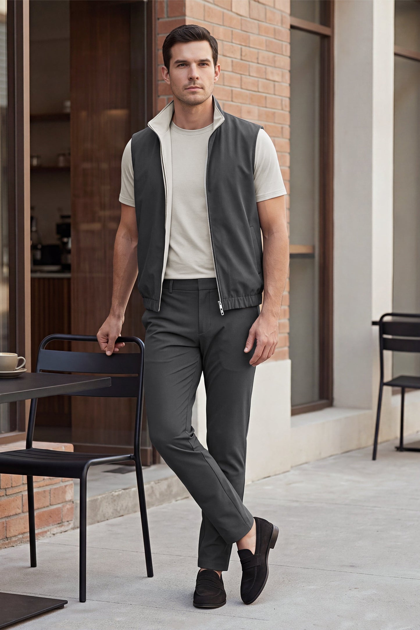 Men's 3-Piece Casual Set with Reversible Vest - Grey