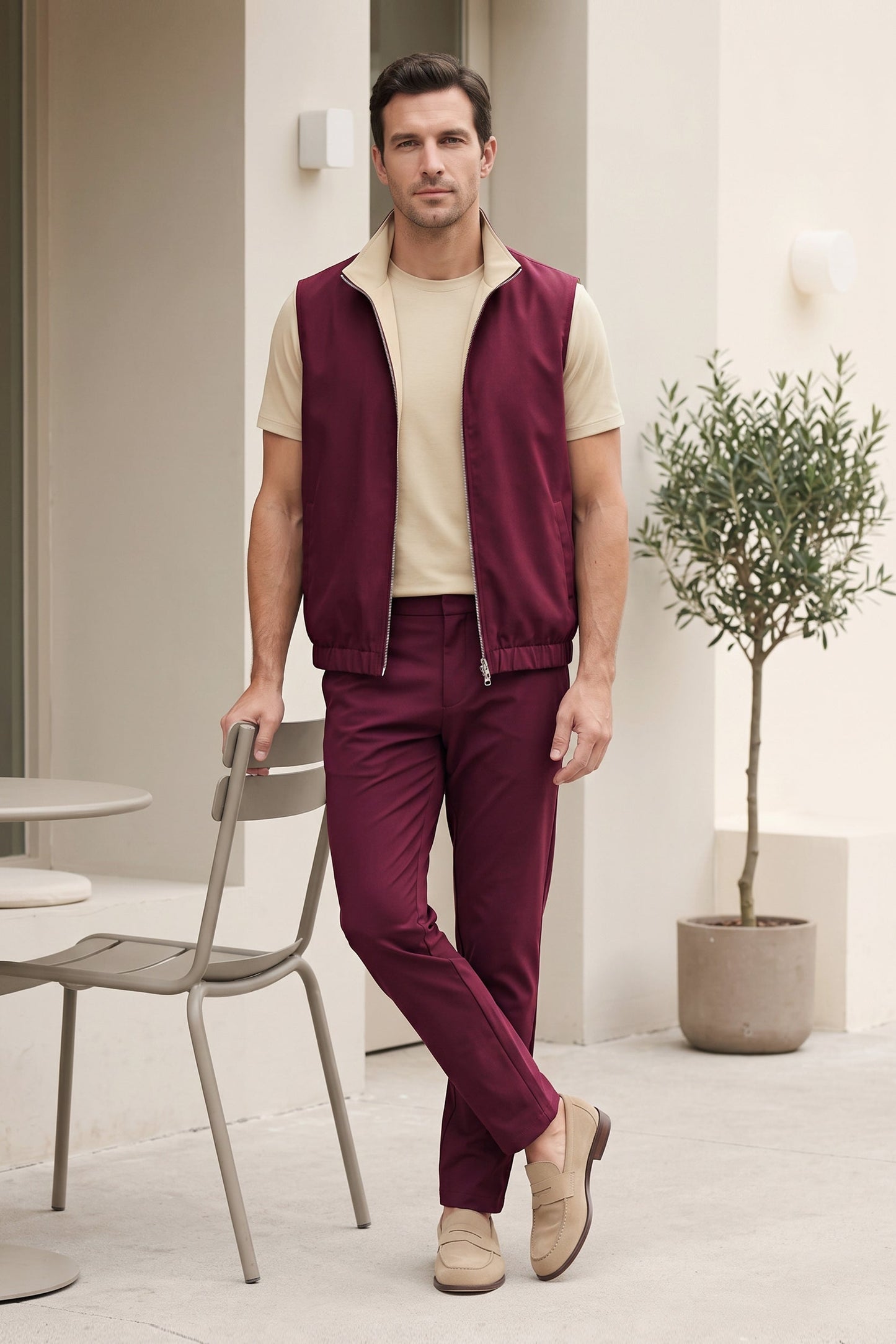 Men's 3-Piece Casual Set with Reversible Vest - Red