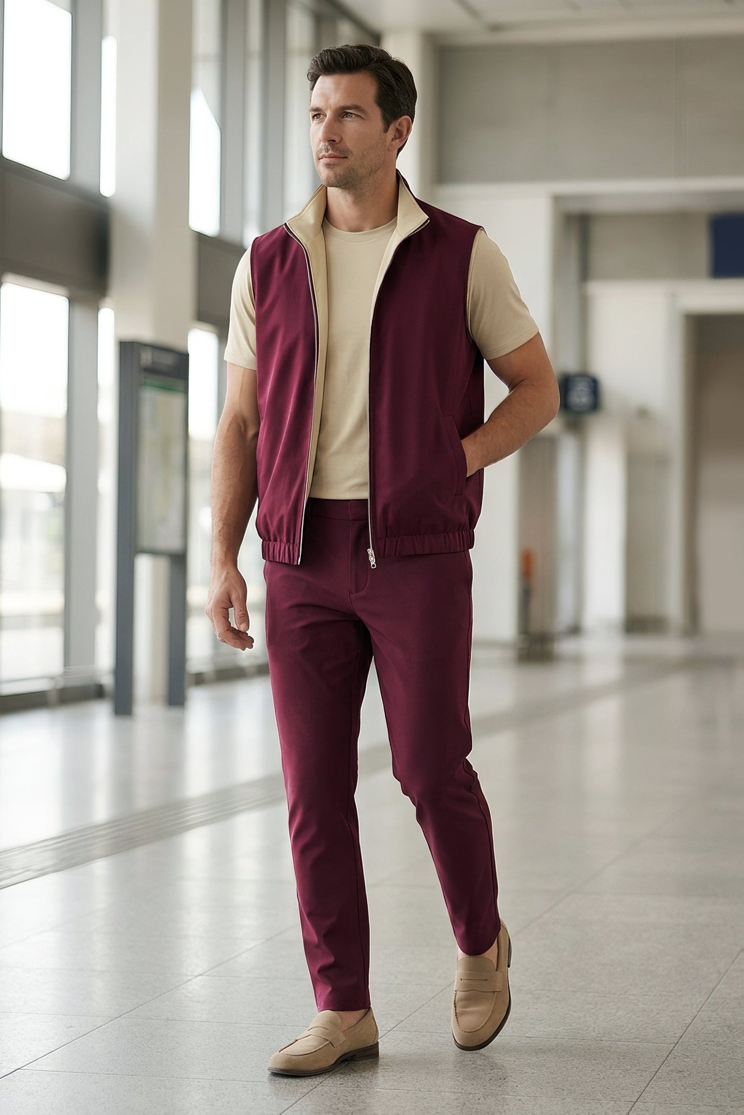 Men's 3-Piece Casual Set with Reversible Vest - Red