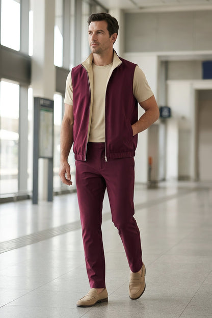 Men's 3-Piece Casual Set with Reversible Vest - Red
