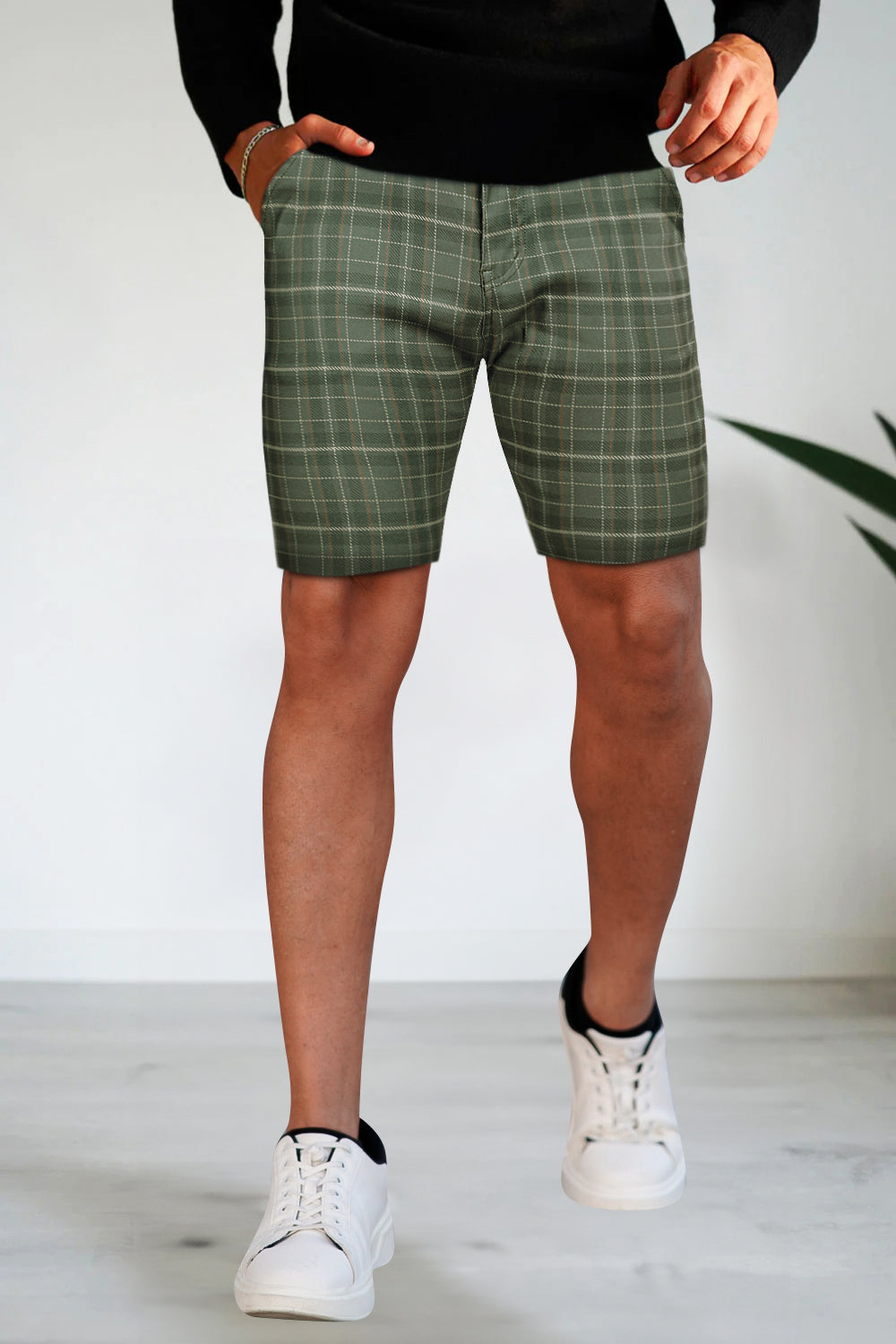 Men's Stretch Chino Shorts - Green With Lattice