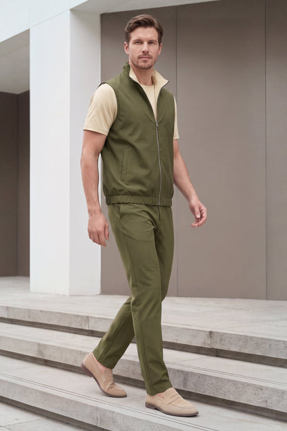 Men's 3-Piece Casual Set with Reversible Vest - Green