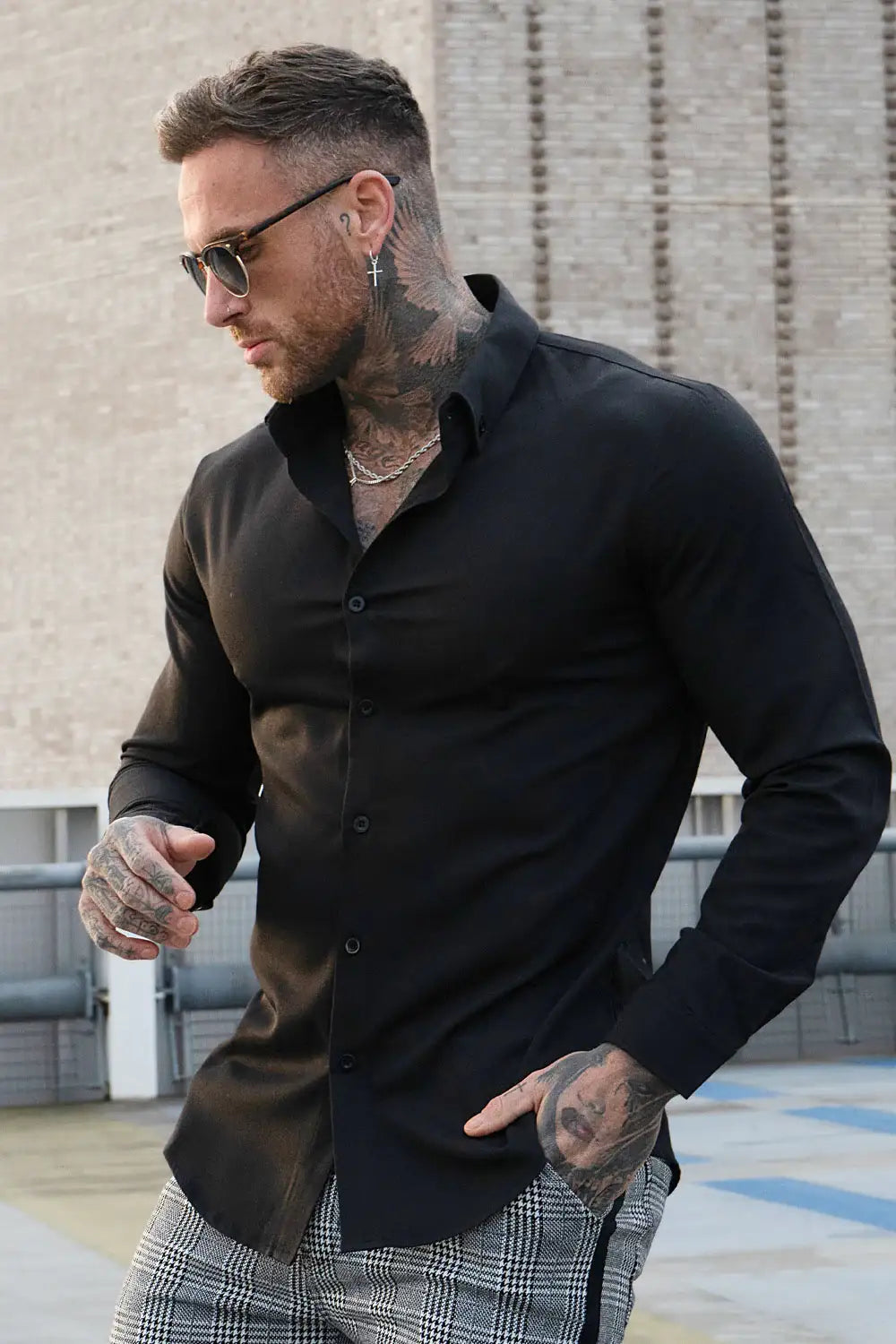 Men's Long Sleeve Dress Shirt - White/ Black/ Dark Blue
