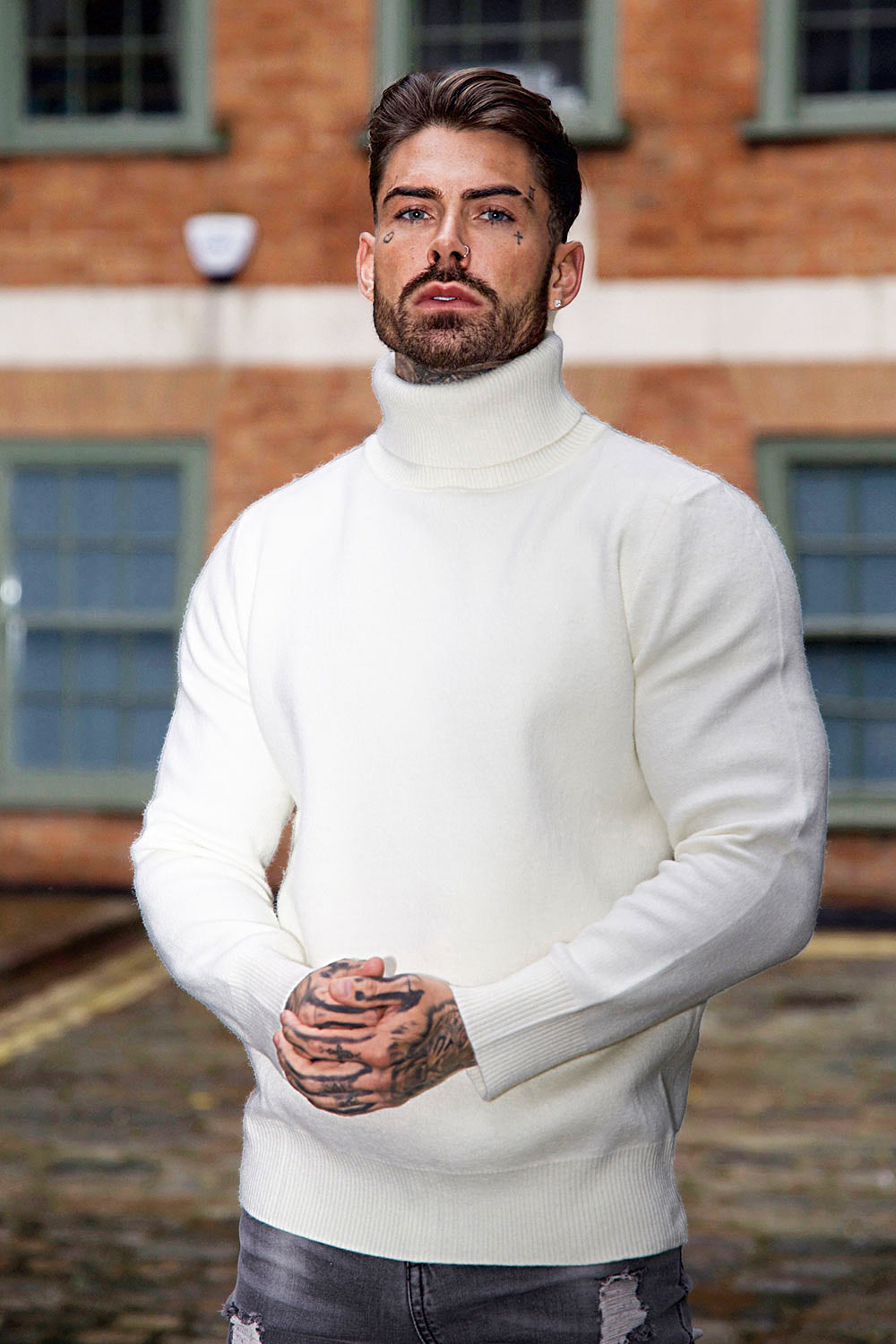 men's white turtleneck sweater