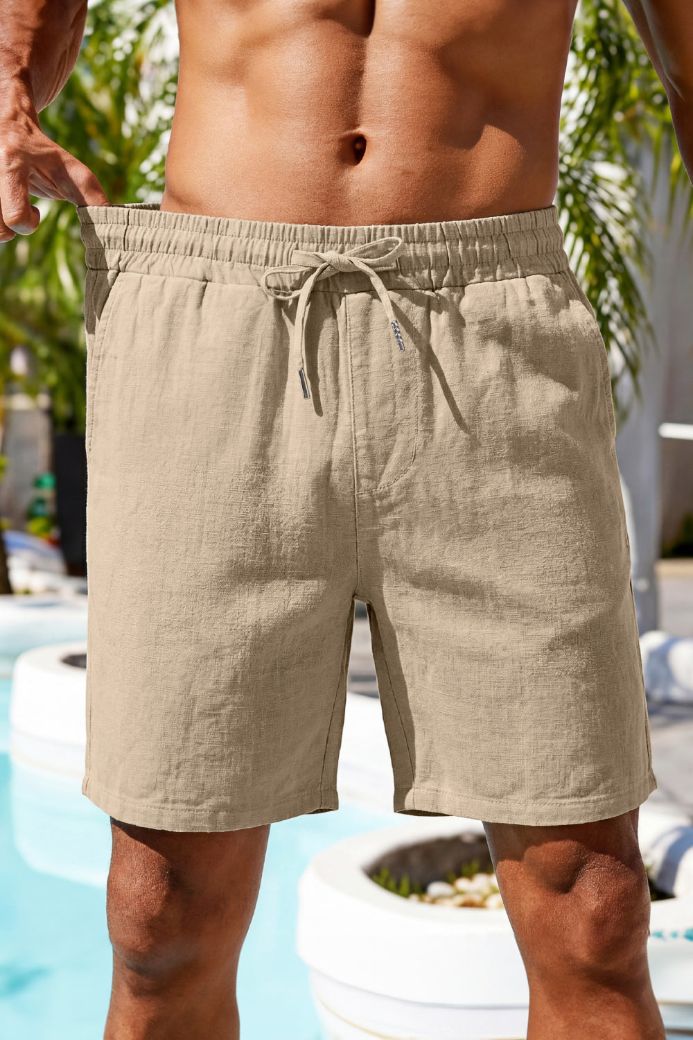 Men's Drawstring Casual Linen Shorts - Khaki
