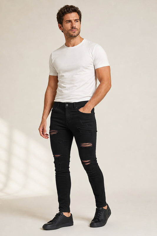 Stretch-Skinny-Jeans für Herren mit hohem Stretchanteil – Zerrissen & Schwarz