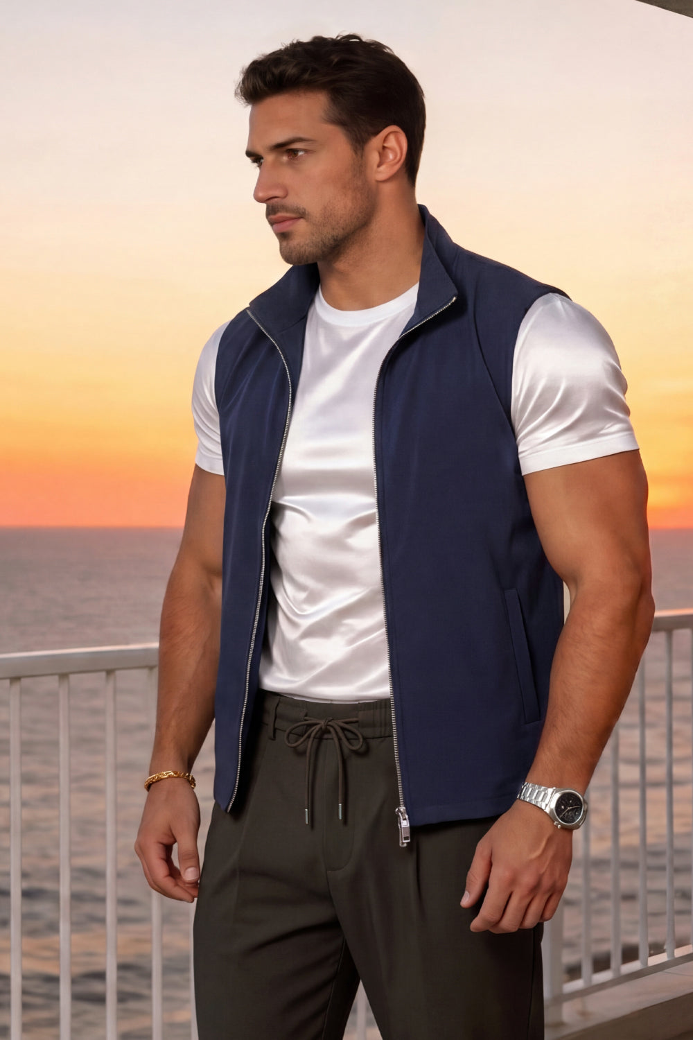 Men's Casual Stand Collar Zip-Up Vest - Navy Blue
