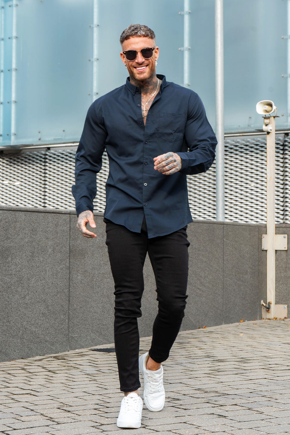 Men's Long Sleeve Dress Shirt - White/ Black/ Dark Blue