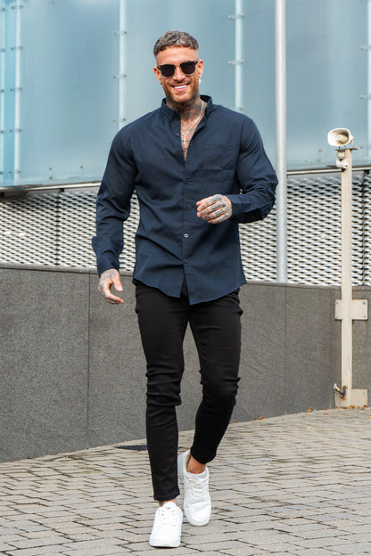 Men's Long Sleeve Dress Shirt - White/ Black/ Dark Blue