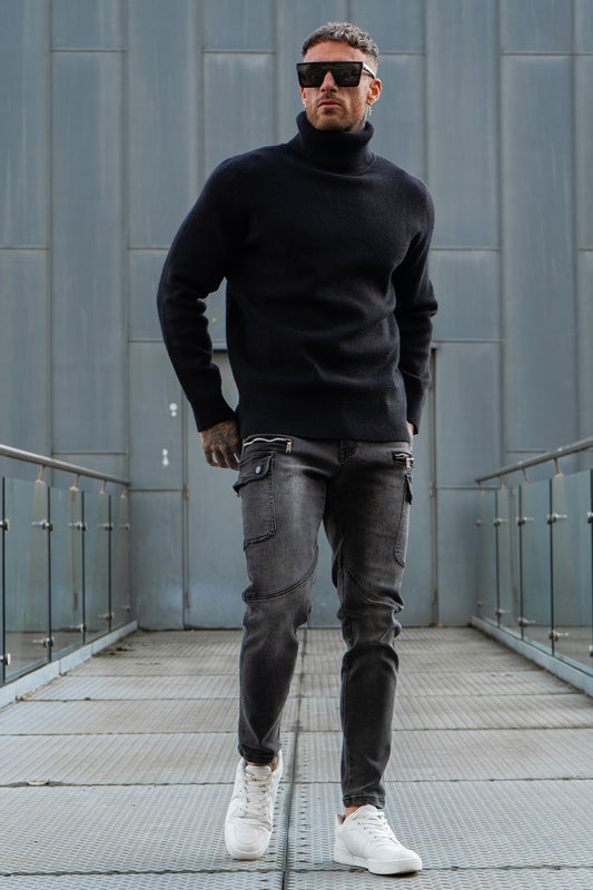 Gingtto elegante suéter negro para hombre y jeans ajustados grises para hombre