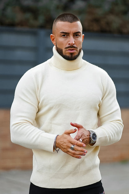 Men's White Turtleneck Sweater - Slim Fit