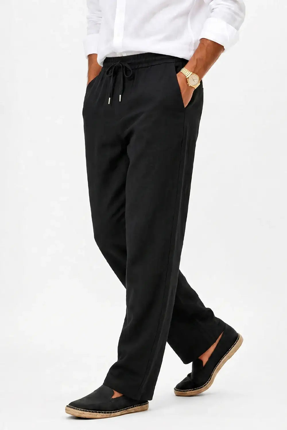 Men's Drawstring Casual Linen Pant - Black