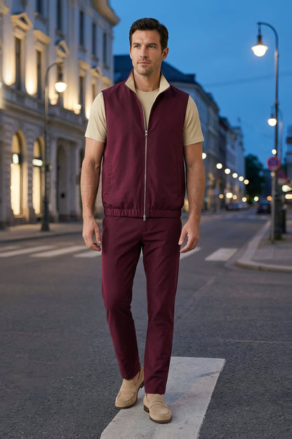 Men's 3-Piece Casual Set with Reversible Vest - Red