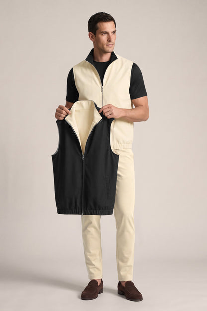 Men's 3-Piece Casual Set with Reversible Vest - Black