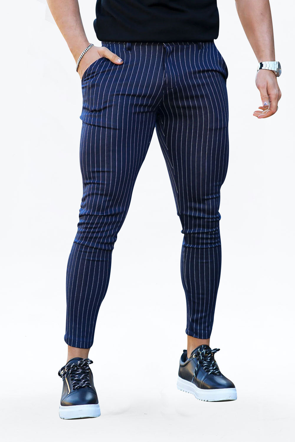 blue striped trousers
