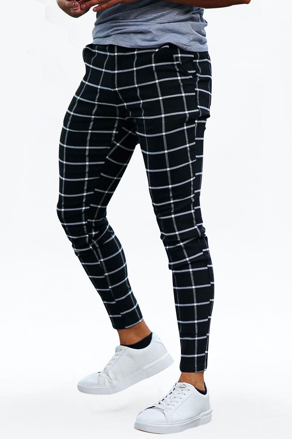 GINGTTO Stretch Skinny grid chino Pants-black