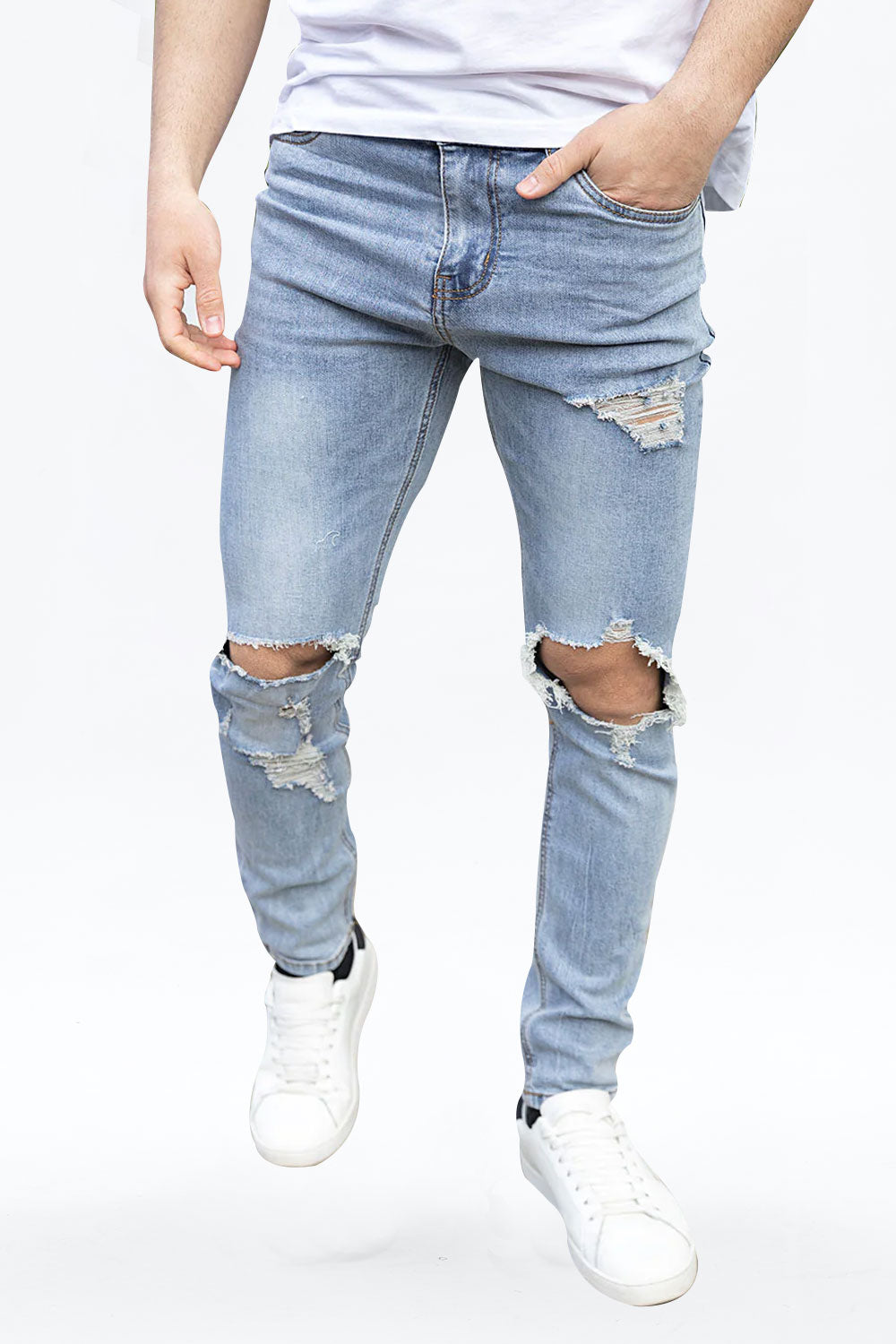Gingtto Men Light Blue Jeans With Rapped Skinny Denim