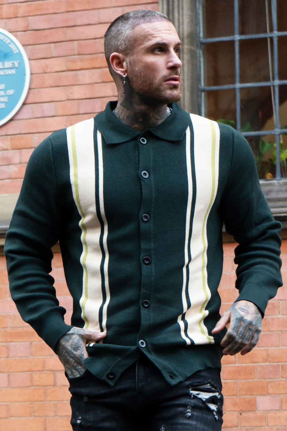  men's button knitted sweater - slim fit & dark green