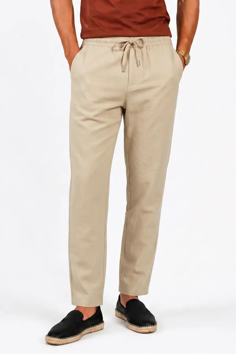 Men's Drawstring Casual Linen Pant - Khaki