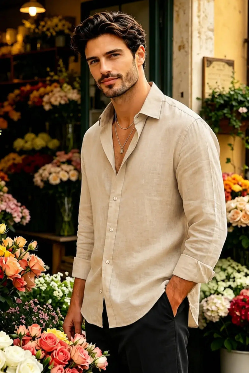 Man in beige linen shirt and black chinos at flower shop, stylish casual outfit