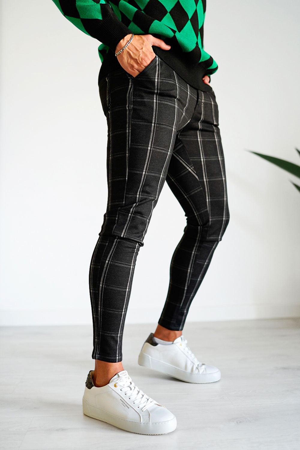 black plaid chino pants