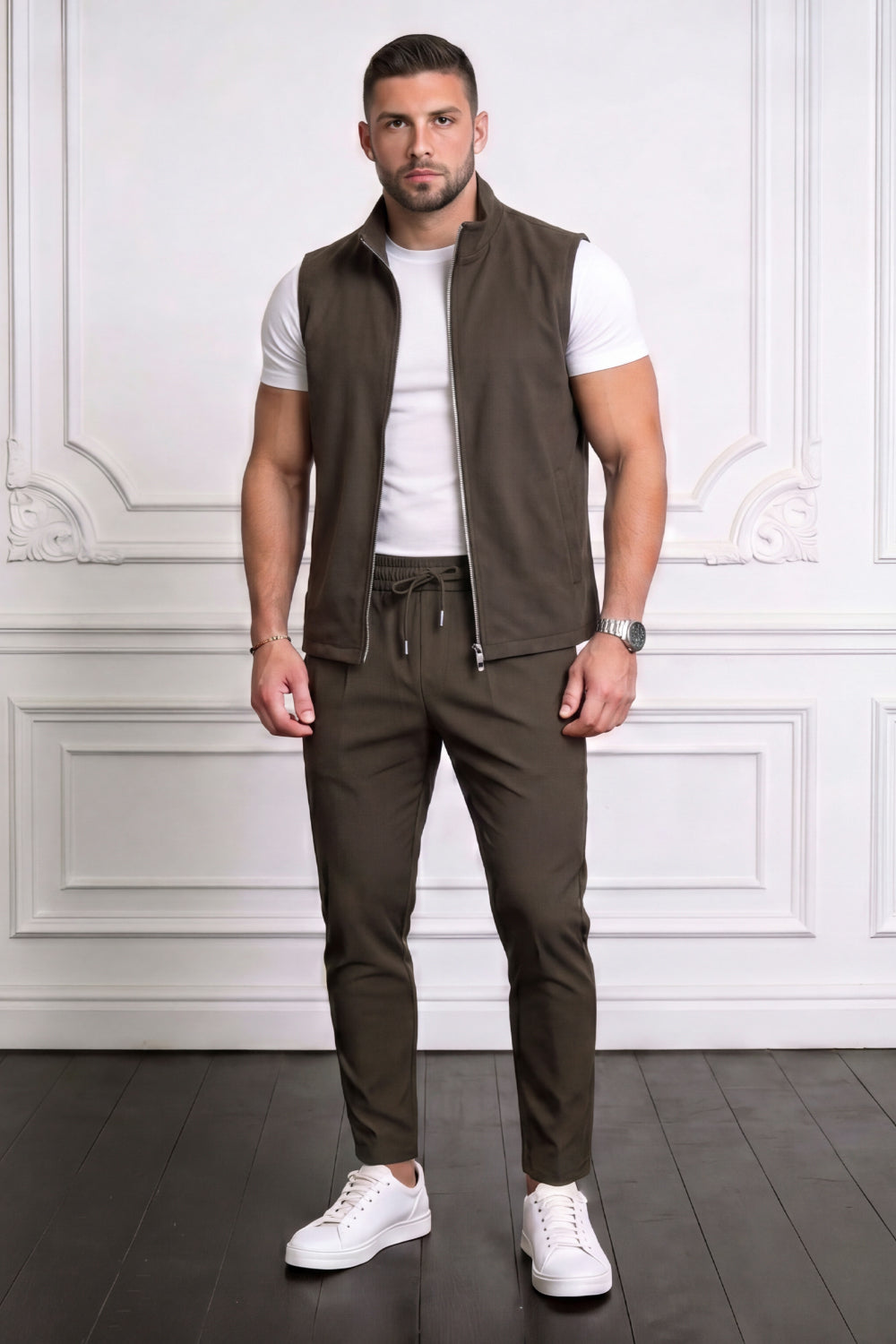 Men's Casual Stand Collar Zip-Up Vest - Brown