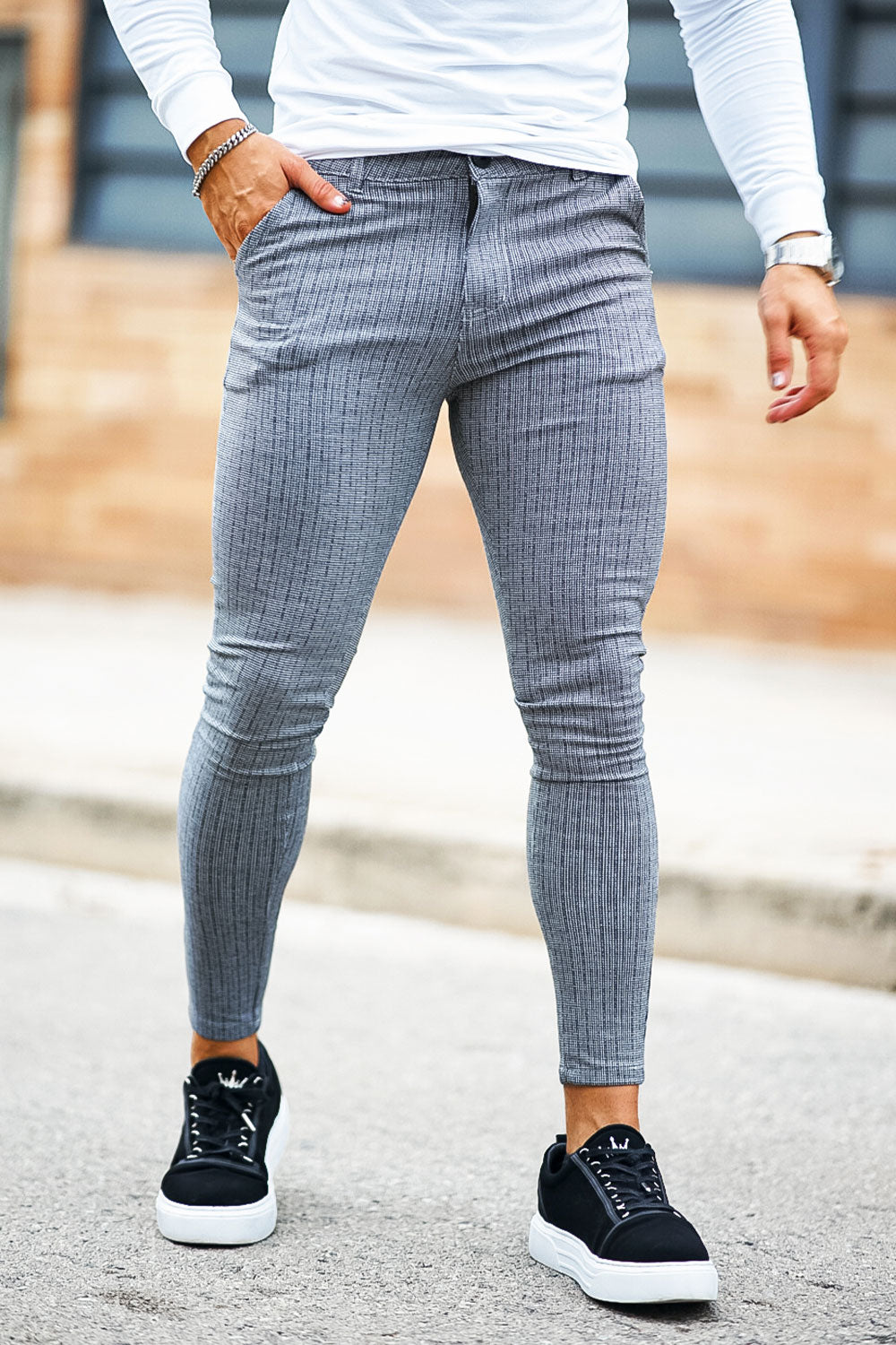 Men s Grey Stretch Pant Stripe For Sale GINGTTO