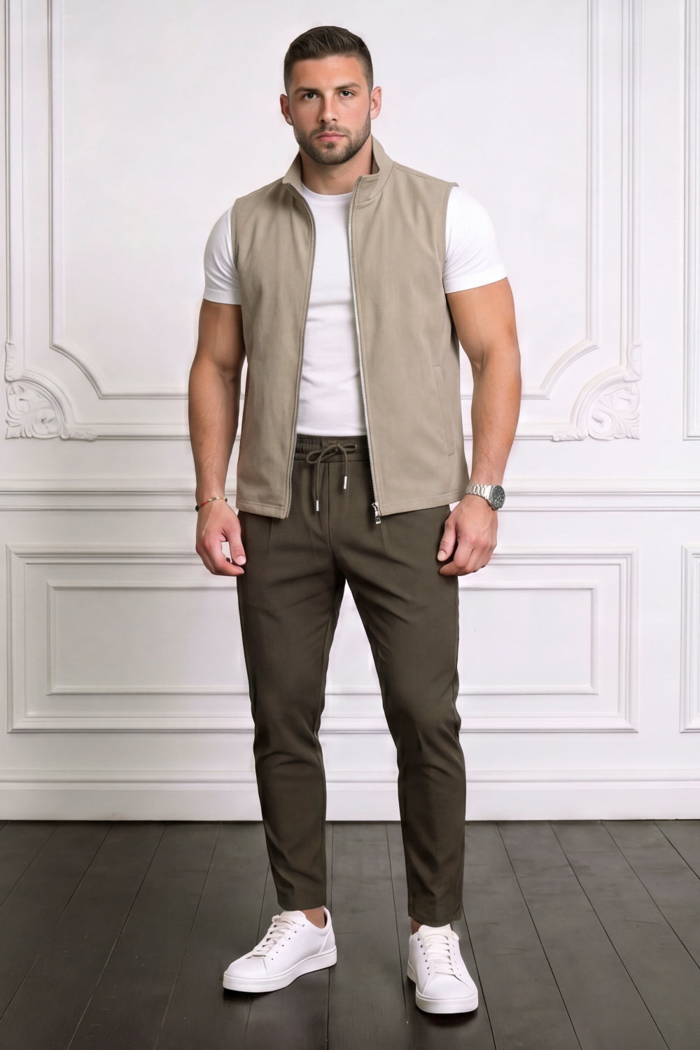 Men's Casual Stand Collar Zip-Up Vest - Light Khaki