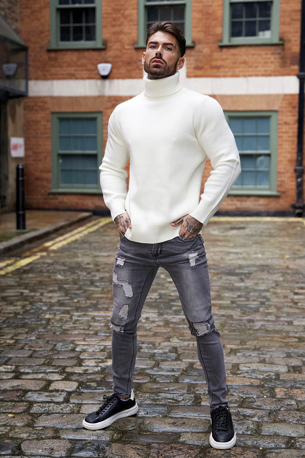 men's white turtleneck sweater