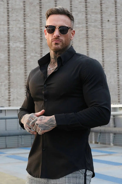 Men's Long Sleeve Dress Shirt - White/ Black/ Dark Blue