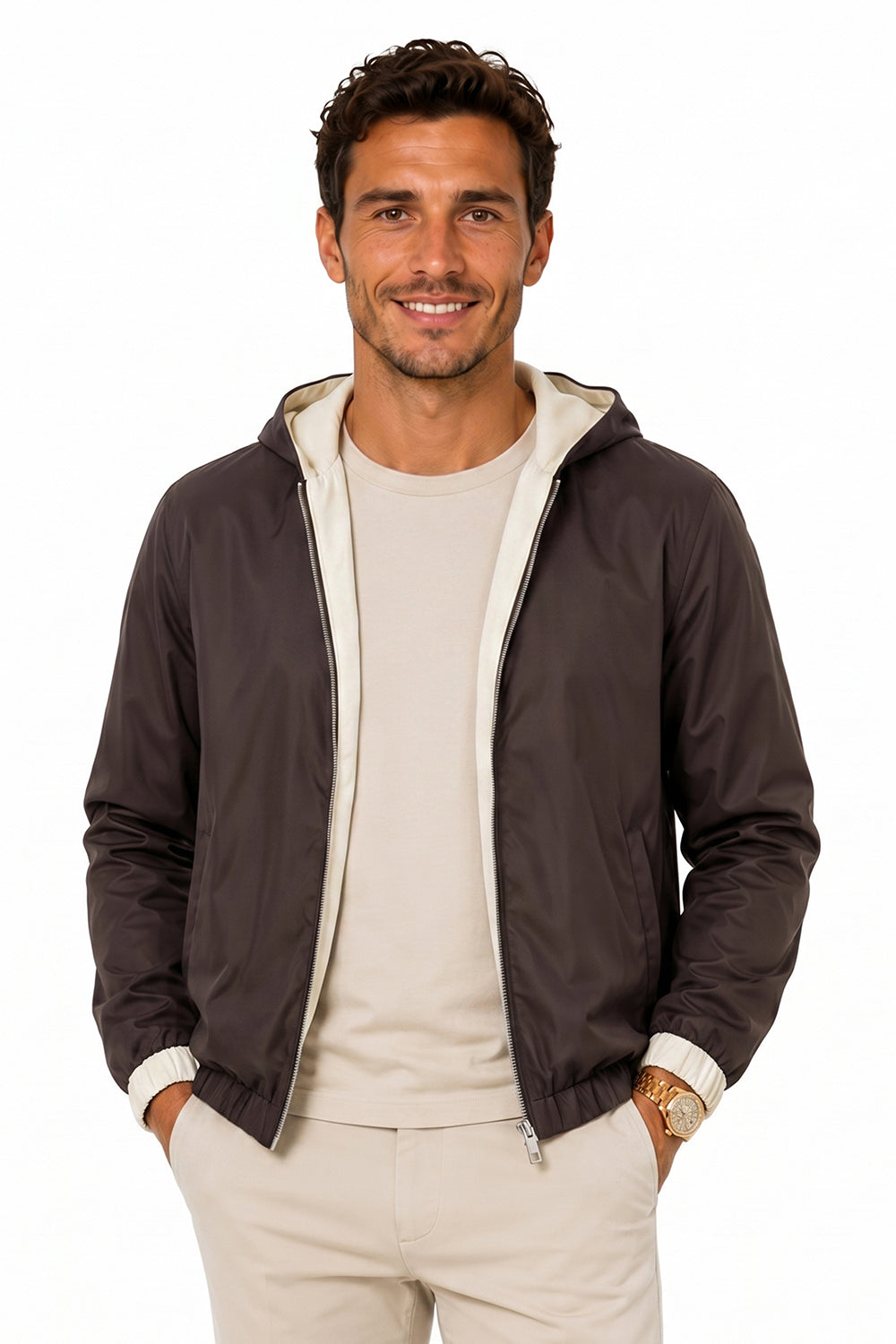 Men's Casual Hooded Lightweight Jacket - Brown