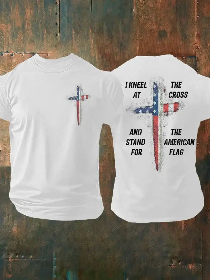 Mens Stand For The Flag Kneel For The Cross Printed Casual T-Shirt
