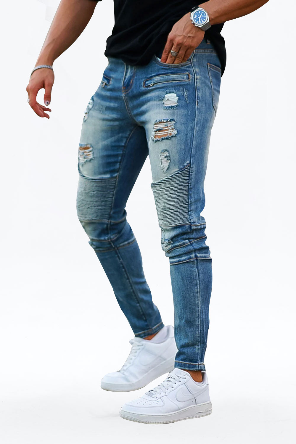Gingtto Mens Vintage Washed Ripped Casual Jeans Stretch Jeans