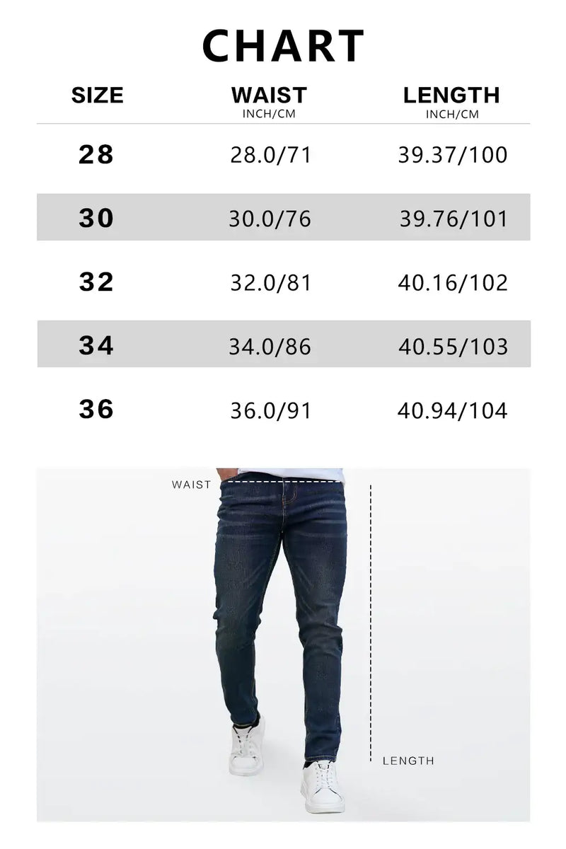 Jean skinny stretch pour homme - Bleu délavé Size Chart