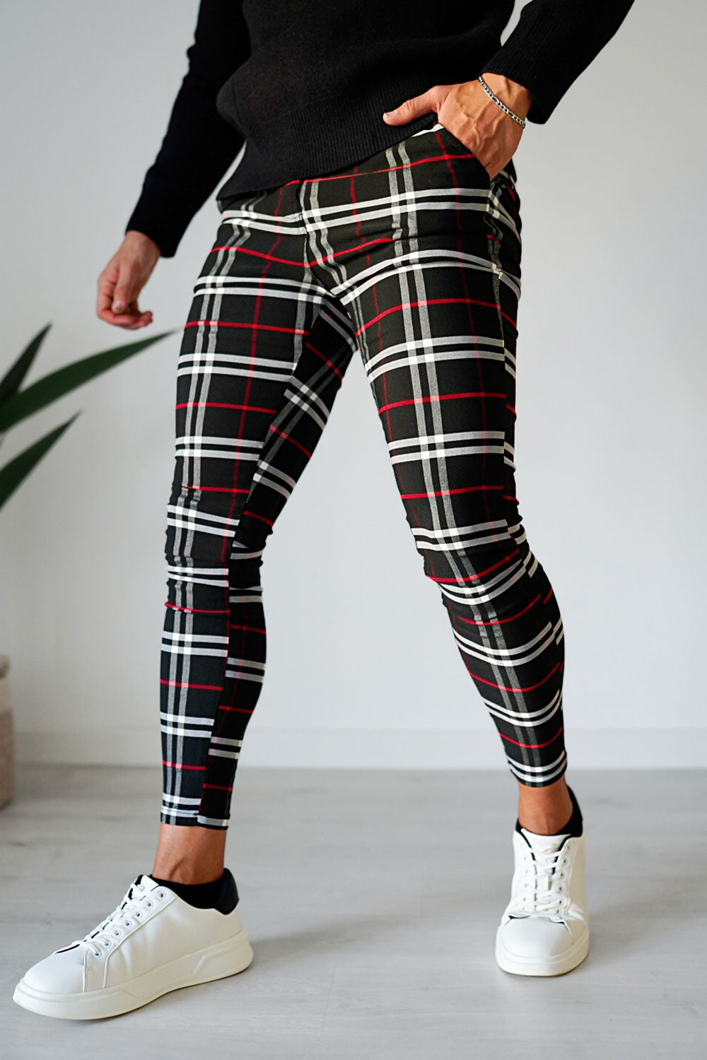 Red black and white plaid pants store
