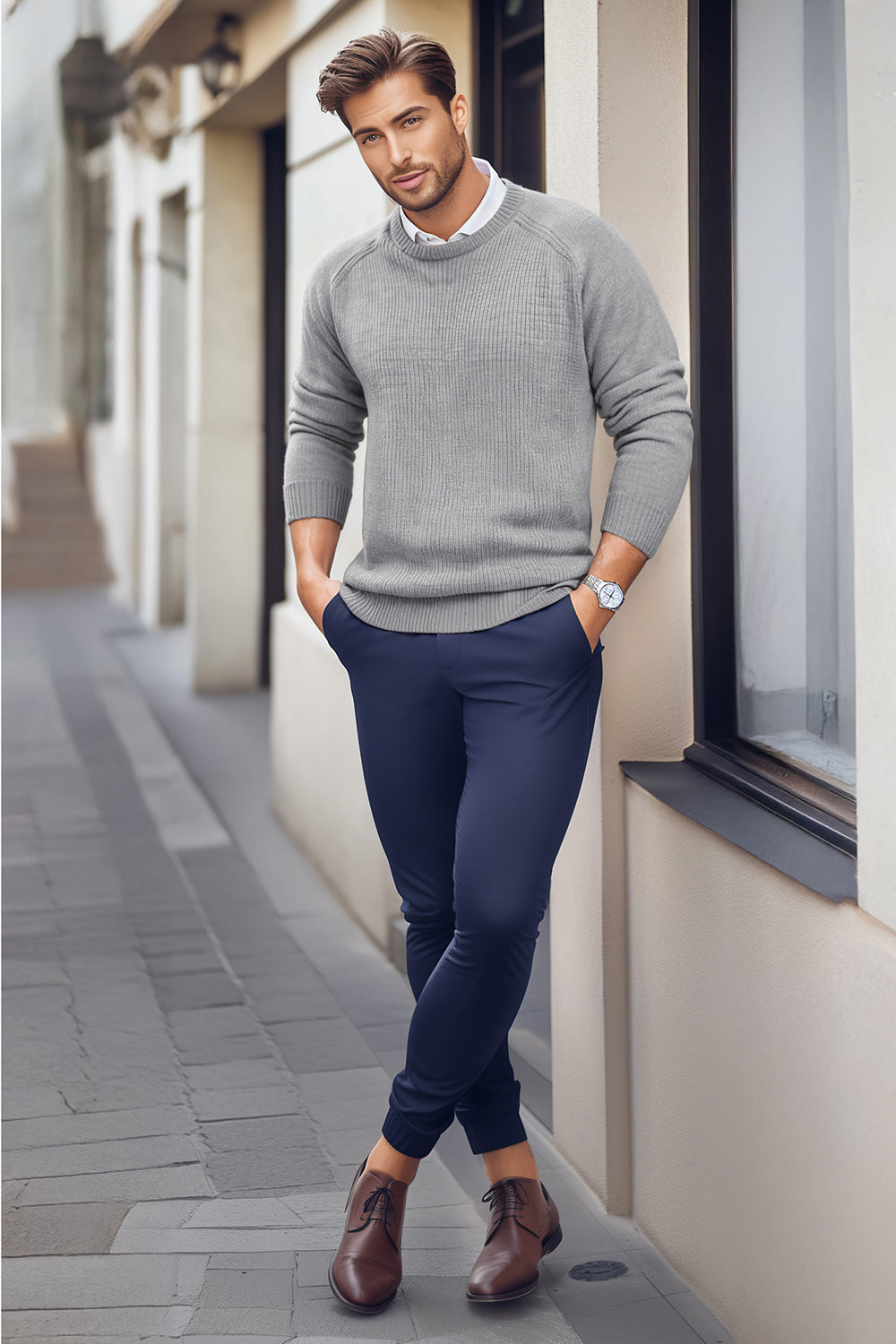 Grey sweater navy pants clearance