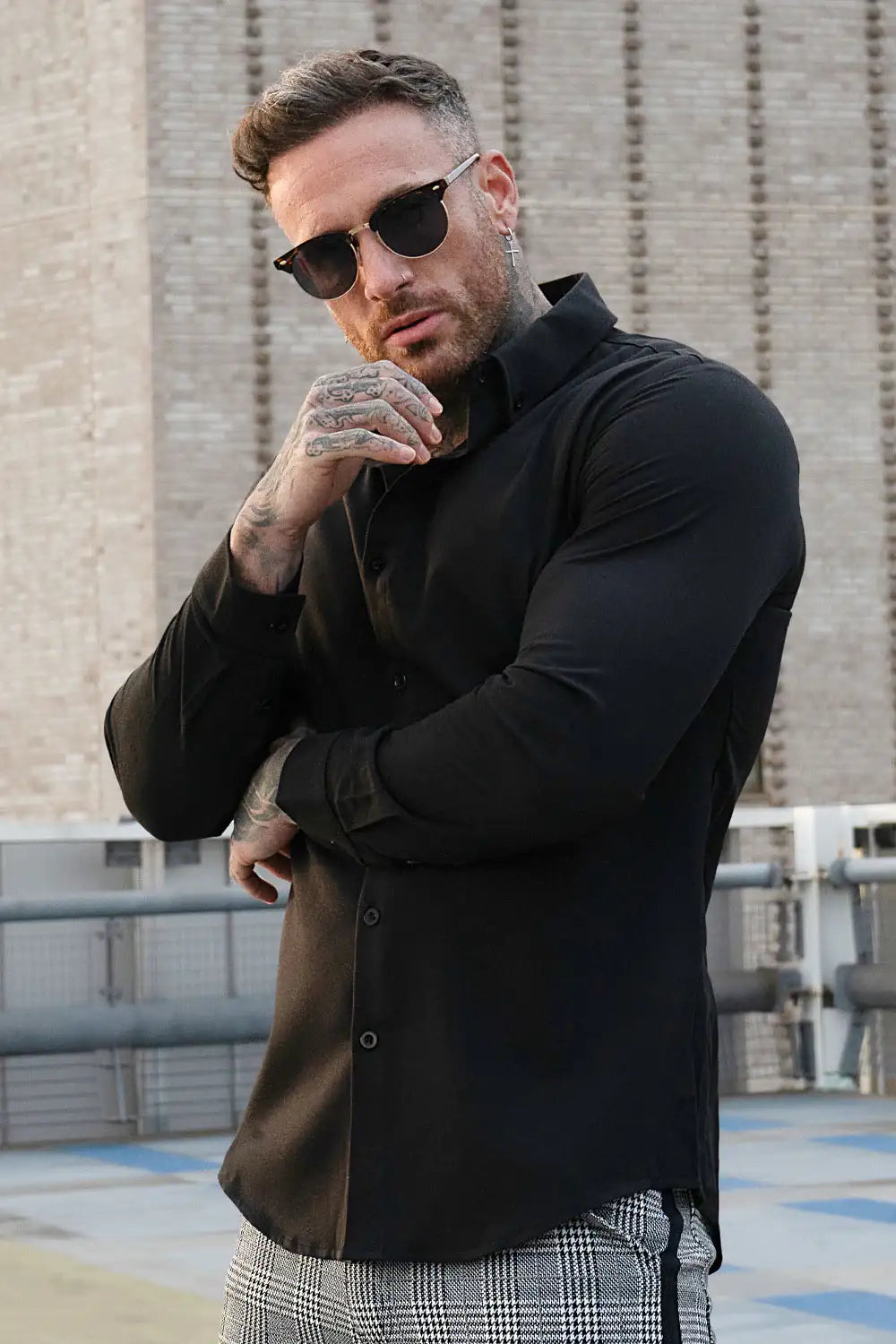 Men's Long Sleeve Dress Shirt - White/ Black/ Dark Blue