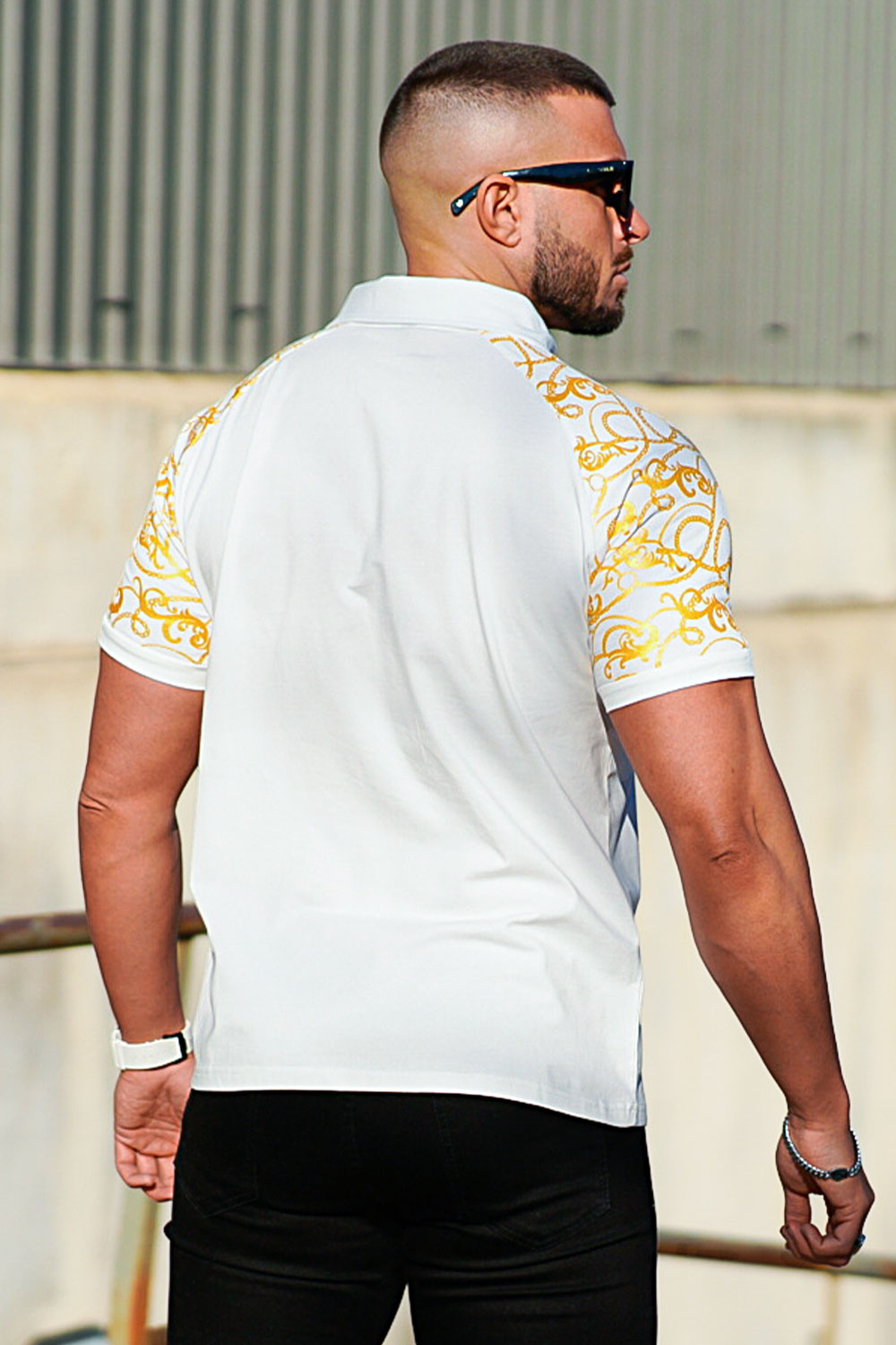 gold and white pattern short sleeve polo shirt