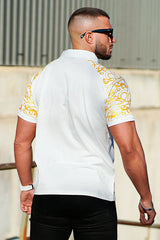 gold and white pattern short sleeve polo shirt